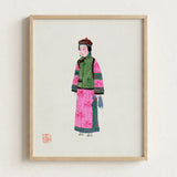 Framed Illustration Woman Traditional Chinese Attire Vibrant Pink Qing Dynasty Winter Fashion, Manchu, Art