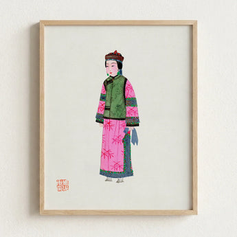 Framed Illustration Woman Traditional Chinese Attire Vibrant Pink Qing Dynasty Winter Fashion, Manchu, Art