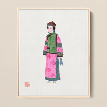 Framed Illustration Woman Traditional Chinese Attire Vibrant Pink Qing Dynasty Winter Fashion, Manchu, Art