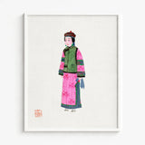 Framed Illustration Woman Traditional Chinese Attire Vibrant Pink Qing Dynasty Winter Fashion, Manchu, Art
