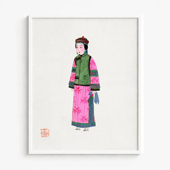 Framed Illustration Woman Traditional Chinese Attire Vibrant Pink Qing Dynasty Winter Fashion, Manchu, Art