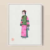 Framed Illustration Woman Traditional Chinese Attire Vibrant Pink Qing Dynasty Winter Fashion, Manchu, Art