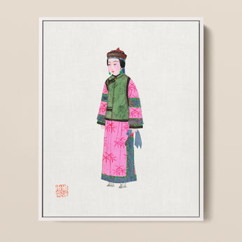 Framed Illustration Woman Traditional Chinese Attire Vibrant Pink Qing Dynasty Winter Fashion, Manchu, Art