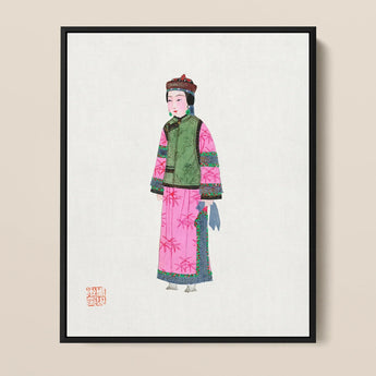 Noblewoman - Qing Dynasty Fashion Art Print / Canvas Framed Illustration Woman Traditional Chinese Attire Vibrant Pink Qing Dynasty Winter