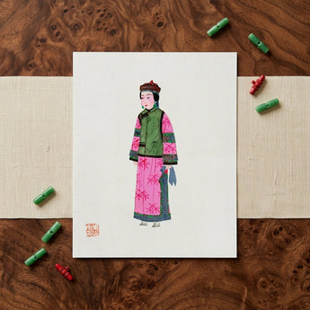 Noblewoman - Qing Dynasty Fashion Art Print / Canvas Vibrant Illustration Traditional Chinese Woman Pink Green Embroidered Qing Dynasty