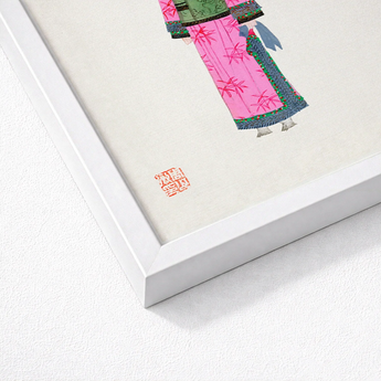 Framed Artwork Stylized Illustration Figure Vibrant Pink Green Qing Dynasty Winter Fashion, Manchu, Art