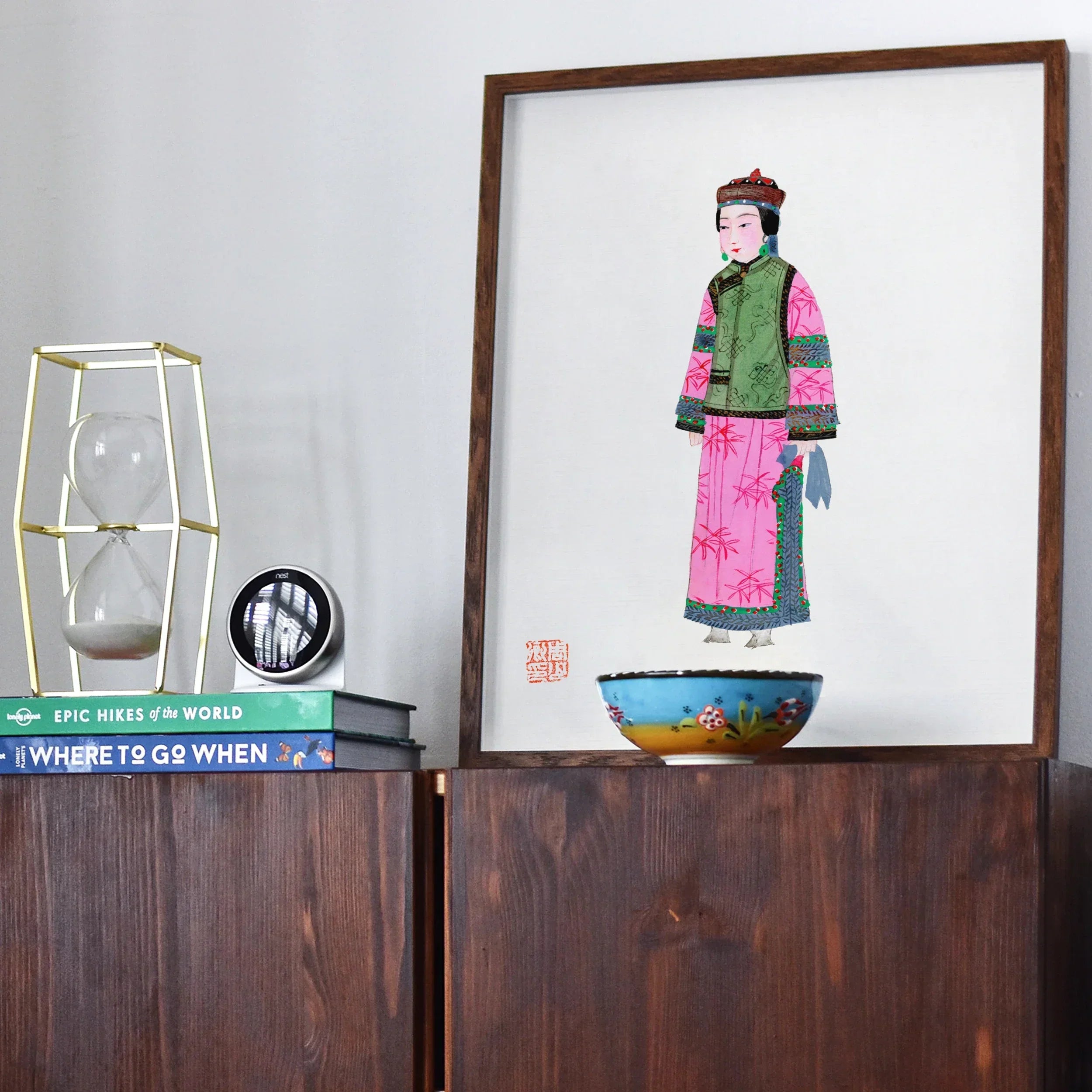 Noblewoman Qing Dynasty Fashion Art Print, Framed Artwork Figure Traditional Chinese Dress Pink Robes