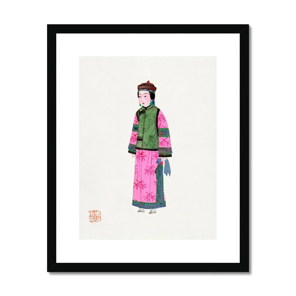Noblewoman Qing Dynasty Fashion Art Print, Traditional Chinese Figure Green Vest Pink Patterned Robe