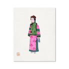Noblewoman Qing Dynasty Fashion Art Print, Traditional Chinese Watercolor Illustration Figure Green Vest Pink