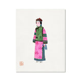 Noblewoman - Qing Dynasty Fashion Art Print, Traditional Chinese Watercolor Illustration Figure Green Vest Pink