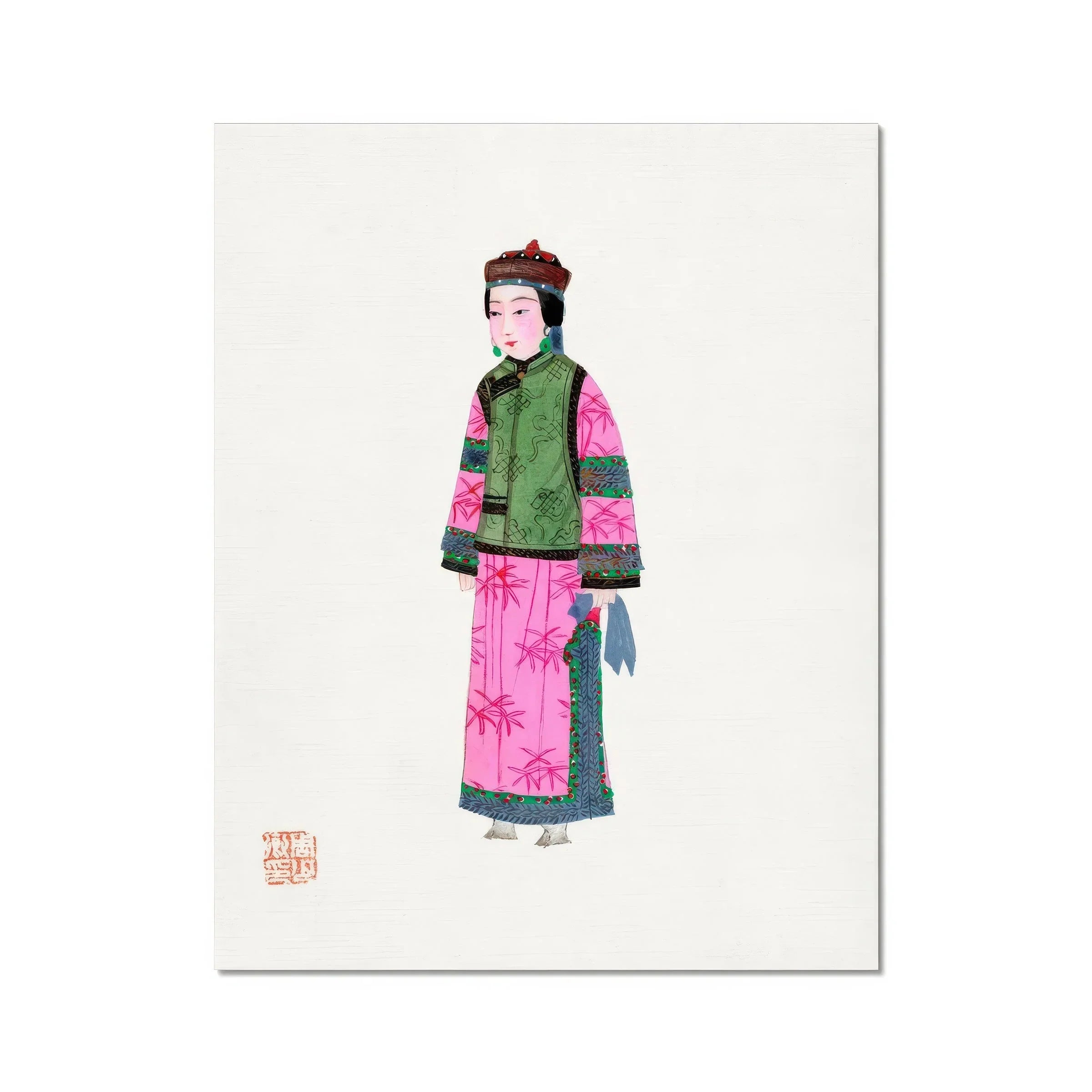 Noblewoman Qing Dynasty Fashion Art Print, Traditional Chinese Watercolor Illustration Figure Green Vest Pink