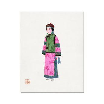 Noblewoman - Qing Dynasty Fashion Art Print, Traditional Chinese Watercolor Illustration Figure Green Vest Pink