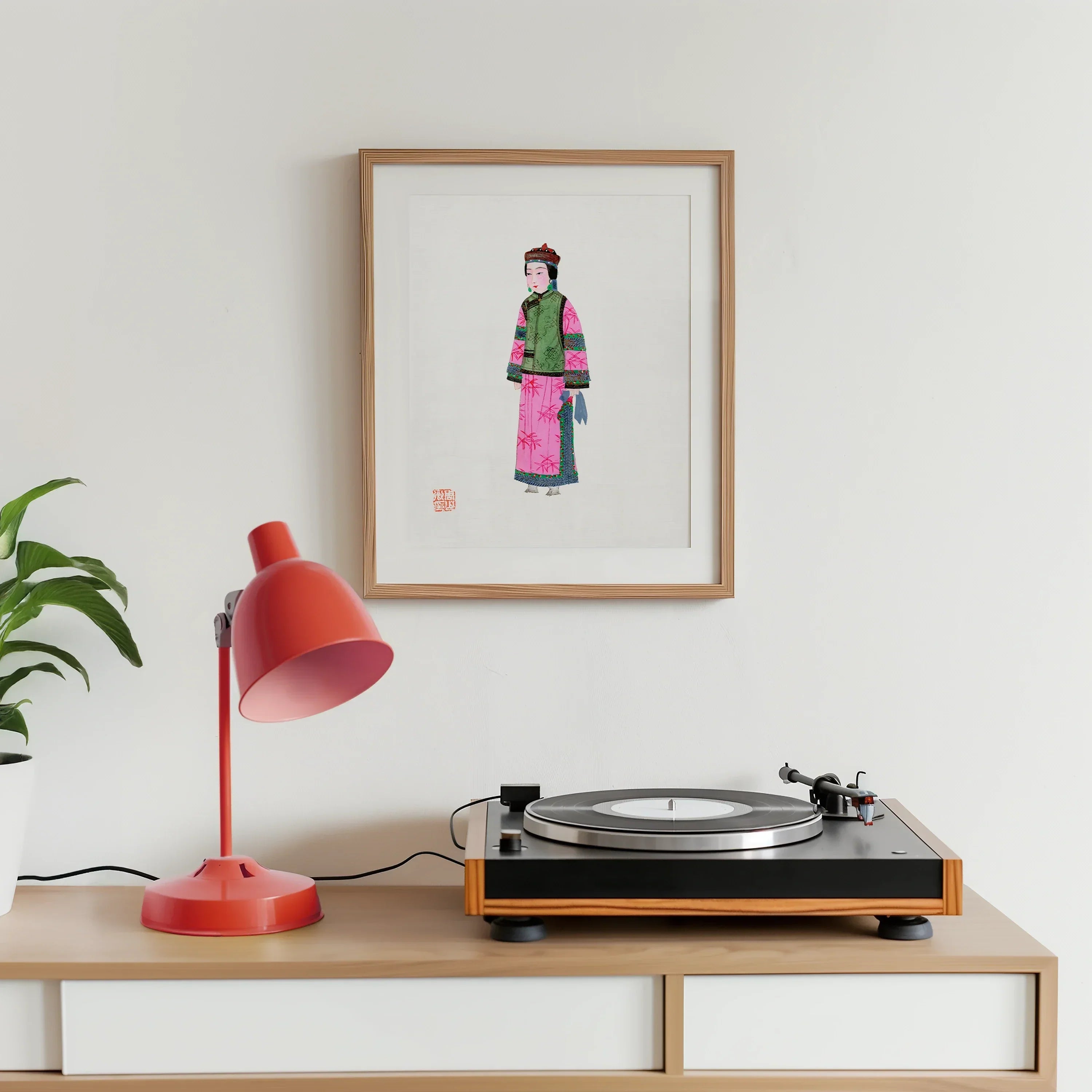 Noblewoman Qing Dynasty Fashion Art Print, Turntable Black Platter Wooden Base Sits Cabinet Alongside