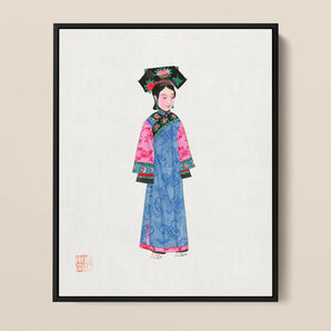 Noblewoman - Qing Dynasty Fashion Framed Canvas, Painting Woman Traditional Chinese Dynasty Attire Blue Robe