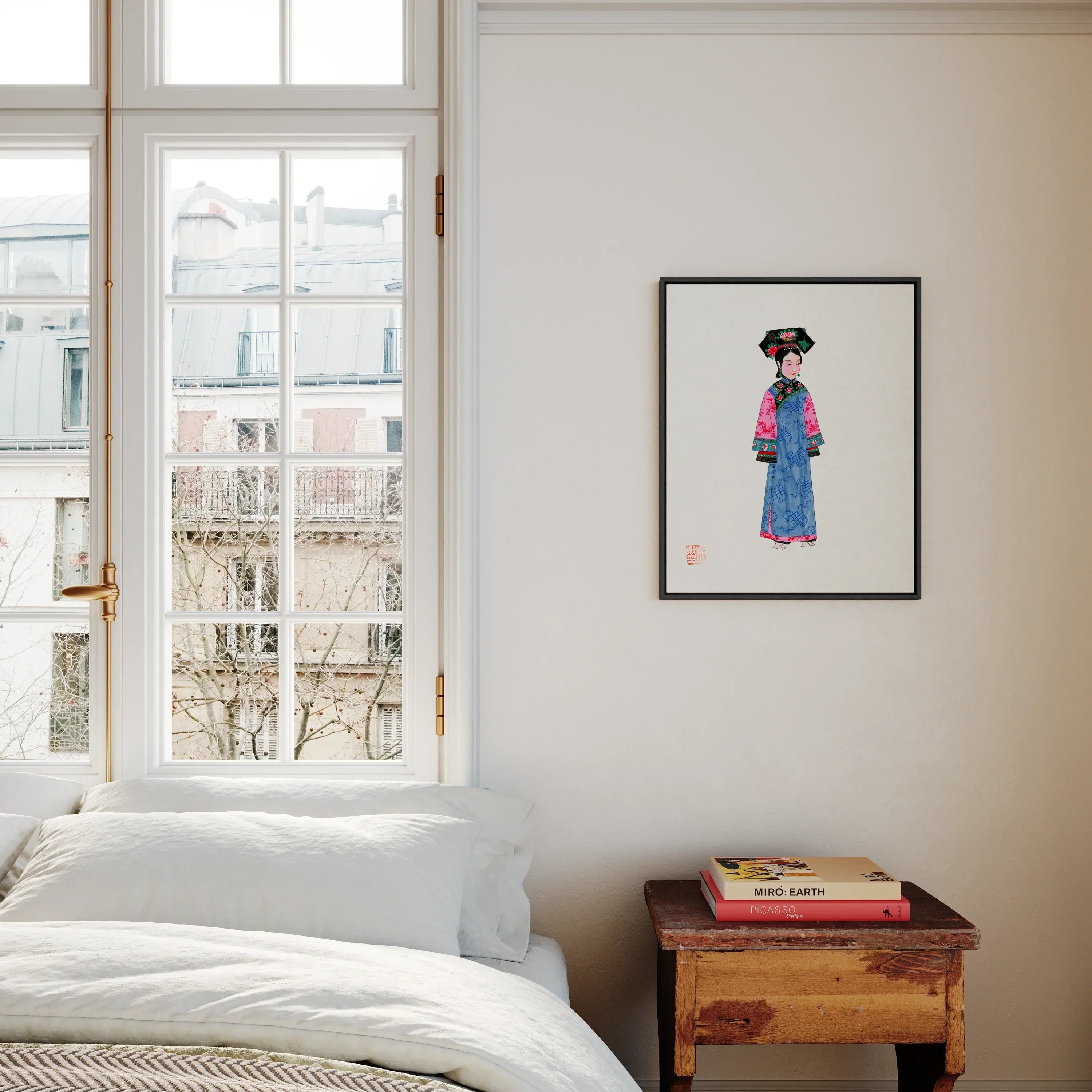 Noblewoman Qing Dynasty Fashion Framed Canvas, Framed Watercolor Artwork Figure Traditional Japanese Kimono