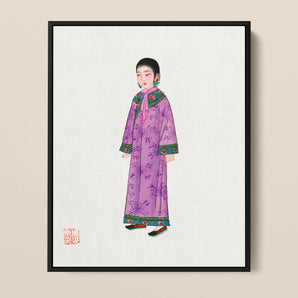 Noblewoman - Qing Dynasty Manchu Framed Canvas, Traditional Chinese Painting Woman Long Purple Robe Floral