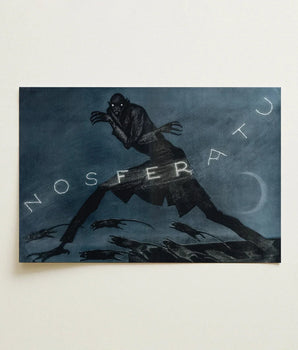 Dark Blue Rectangular Painting Stylized Shadowy Figure Eyes Albin Grau, Poster Art