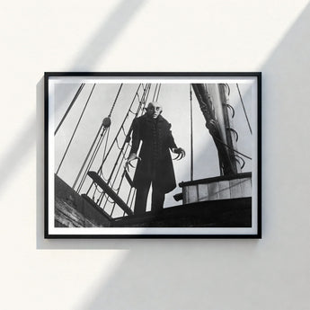 Black-framed Black-and-white Photograph Classic Dracula Character Ship’s Deck Nosferatu Steps, Coat Bristling, Small Buttons