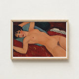 Framed Painting Nude Woman Red Blue Fabric Rendered Modigliani’s Nu Couché, Day Paris Police, Marched, Berthe Weill’s Gallery, Bobbed Hair