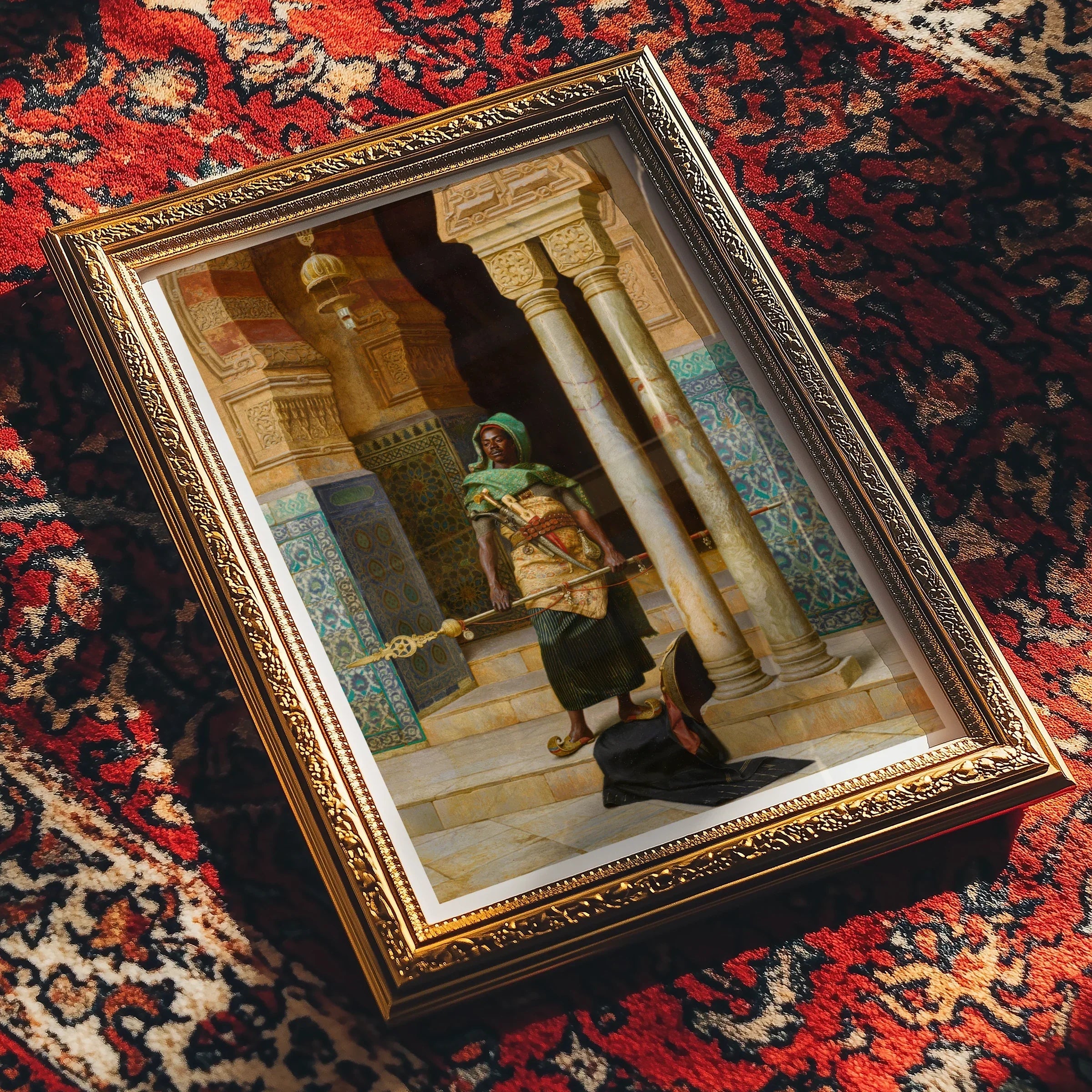 Nubian Guard - Ludwig Deutsch Orientalism Art Print, Ornate Gold-framed Painting Middle Eastern Orientalist Palace Scene