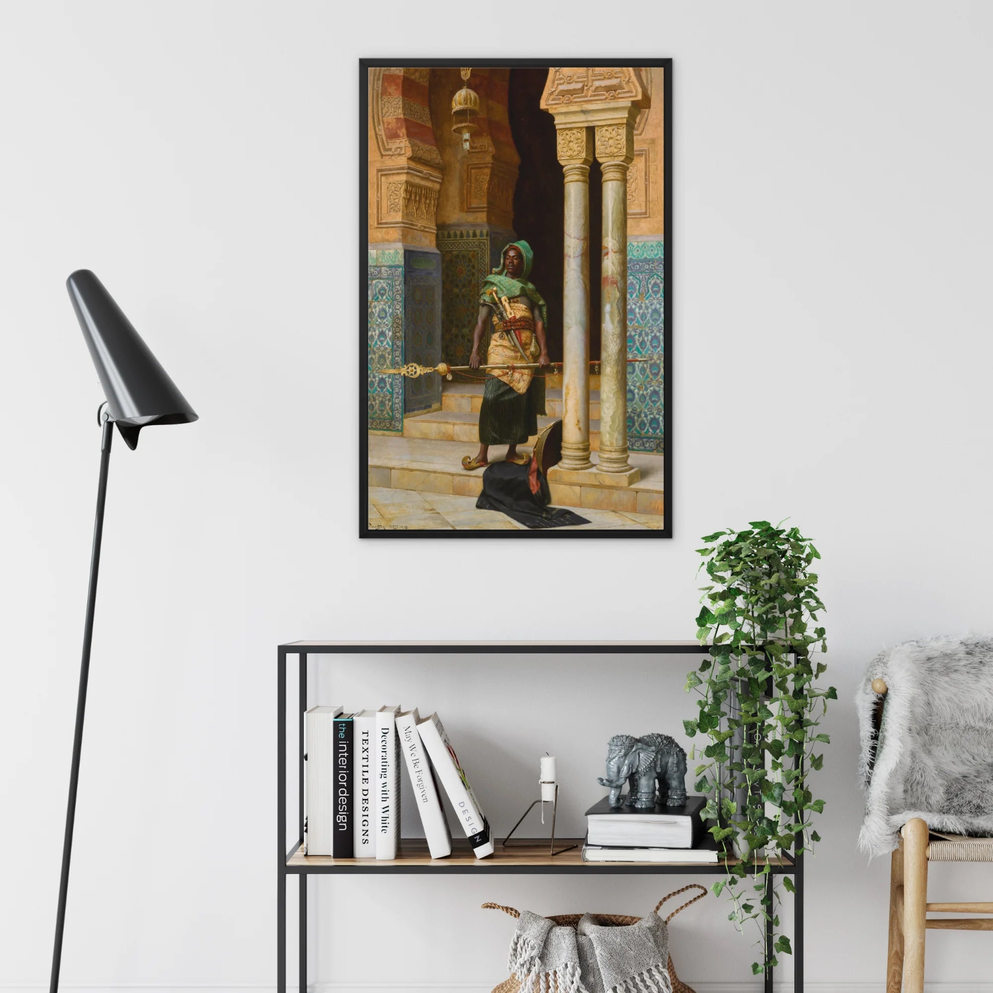 Nubian Guard Ludwig Deutsch Orientalist Framed Canvas, Framed Classical Painting Figure Traditional Middle Eastern Dress