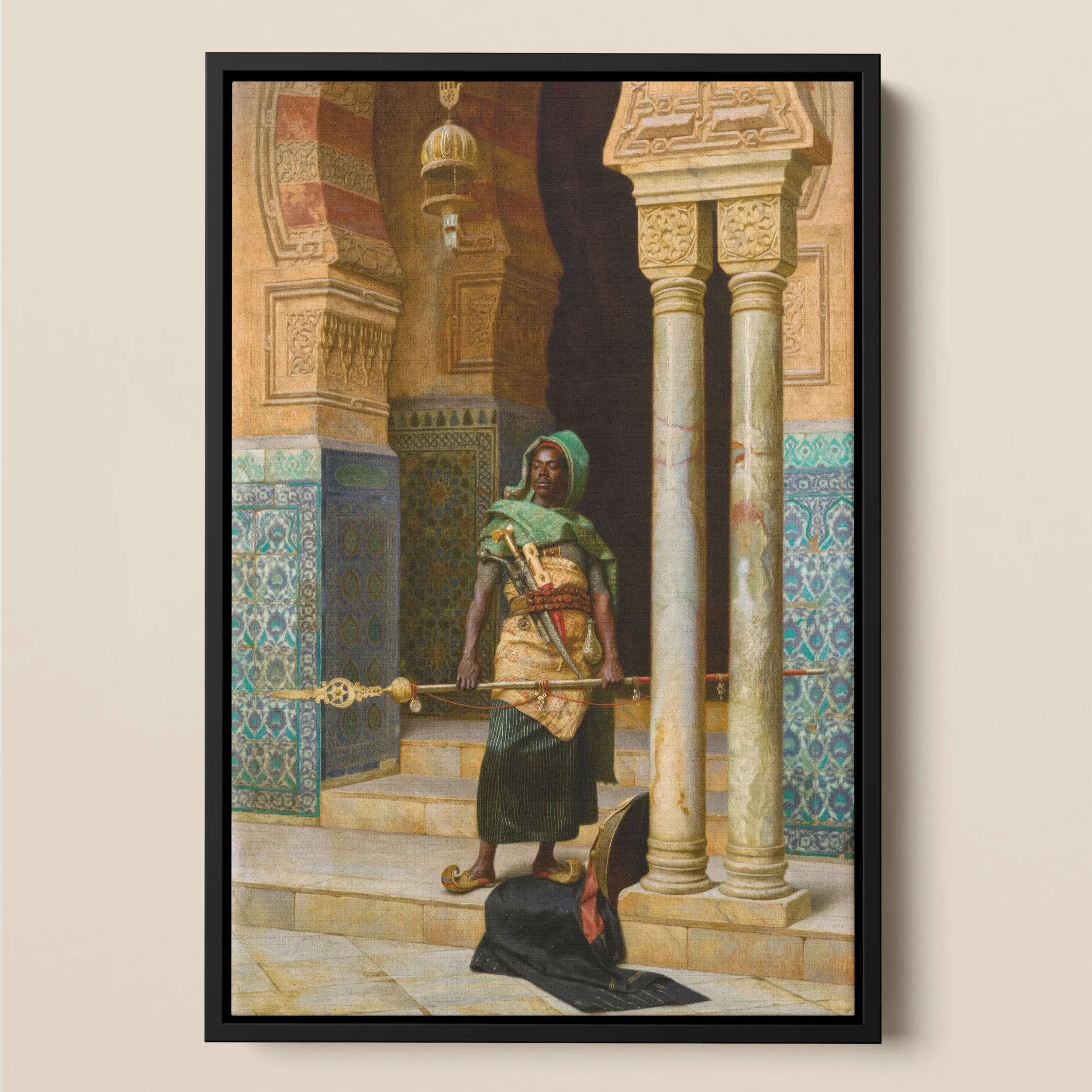 Nubian Guard - Ludwig Deutsch Orientalist Framed Canvas, Palace Guard Traditional Middle Eastern Attire Stands