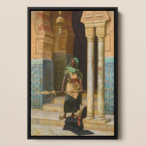 Nubian Guard Ludwig Deutsch Orientalist Framed Canvas, Palace Guard Traditional Middle Eastern Attire Stands Ceremonial