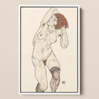 Nude in Black Stockings - Egon Schiele Art Print / Canvas, 12x18’’ / 31x46cm / White Frame, Posters Prints & Visual Artwork, Toby Leon