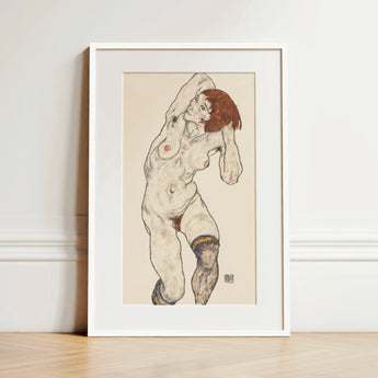 Nude in Black Stockings - Egon Schiele Art Print / Canvas, 12x18’’ / 31x46cm / White Frame / Matboard, Posters Prints & Visual Artwork,