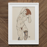 Nude in Black Stockings - Egon Schiele Art Print / Canvas Framed Artwork Figure Reddish-brown Hair Rendered Sketchy Schiele’s, Prints