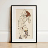 Nude in Black Stockings - Egon Schiele Art Print / Canvas Framed Artwork Stylized Figure Red Hair Detailed Schiele’s, Prints