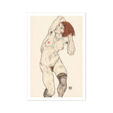 Nude in Black Stockings - Egon Schiele Art Print, Nude Figure Sketch Dark Stockings Expressive Pose