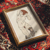 Nude in Black Stockings - Egon Schiele Art Print, Framed Nude Figure Ornate Gold Frame