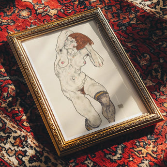 Nude in Black Stockings - Egon Schiele Art Print, Framed Nude Figure Ornate Gold Frame