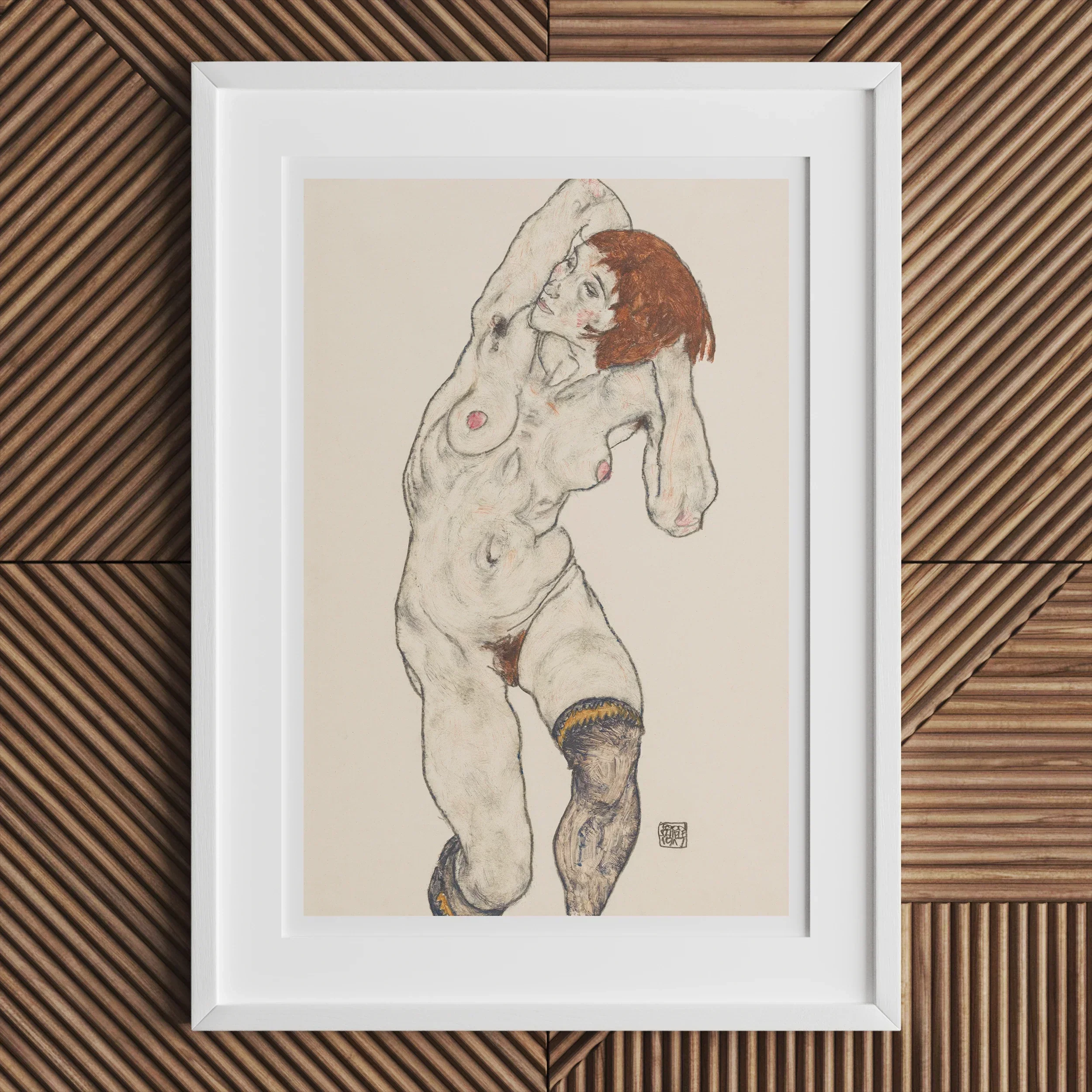 Nude in Black Stockings - Egon Schiele Art Print, Framed Sketch Nude Female Figure Red Hair Expressive