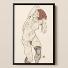 Nude in Black Stockings - Egon Schiele Framed Canvas, Nude Female Figure Sketch Red Hair Blue Stockings