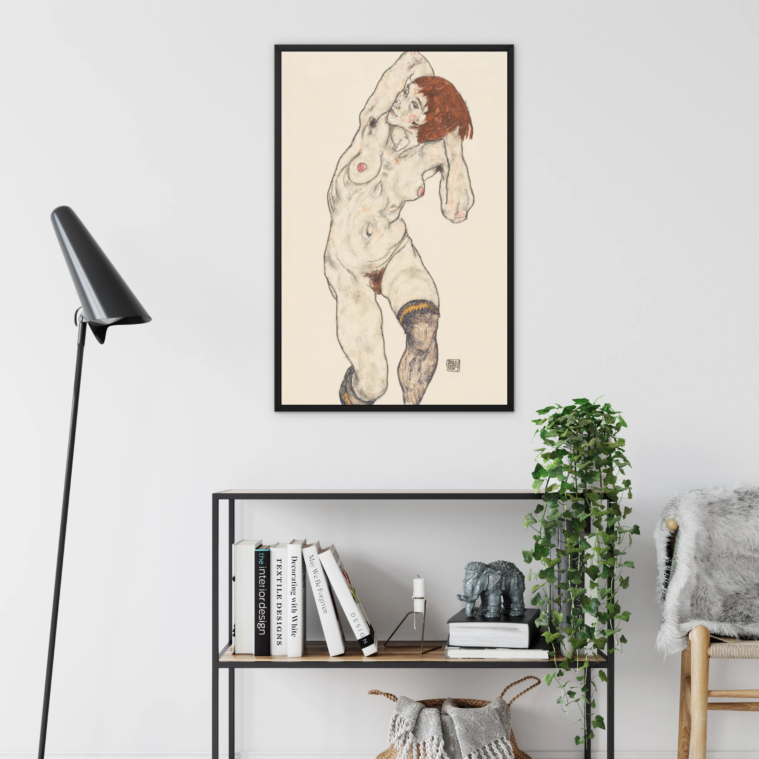 Nude in Black Stockings - Egon Schiele Framed Canvas Posters Prints & Visual Artwork