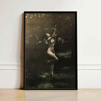 Nude Dancer with Aulos - Arnold Genthe Art Print / Canvas Black-framed Photographic Woman Elegant Pose Sun-dappled, Genthe’s, Left Knee