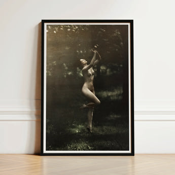 Nude Dancer with Aulos - Arnold Genthe Art Print / Canvas Black-framed Sepia-toned Photograph Woman Outdoor, Genthe’s, Left Knee Folds,
