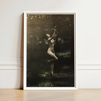 Nude Dancer with Aulos - Arnold Genthe Art Print / Canvas Framed Black-and-white Photographic Woman Outdoor Encased, Genthe’s, Left Knee