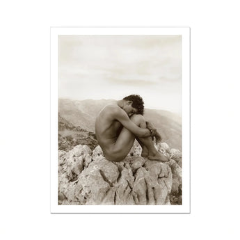 Cain - Wilhelm Von Gloeden Gay Photography Art Print, Nude Figure Curled Position Atop Rocky Terrain