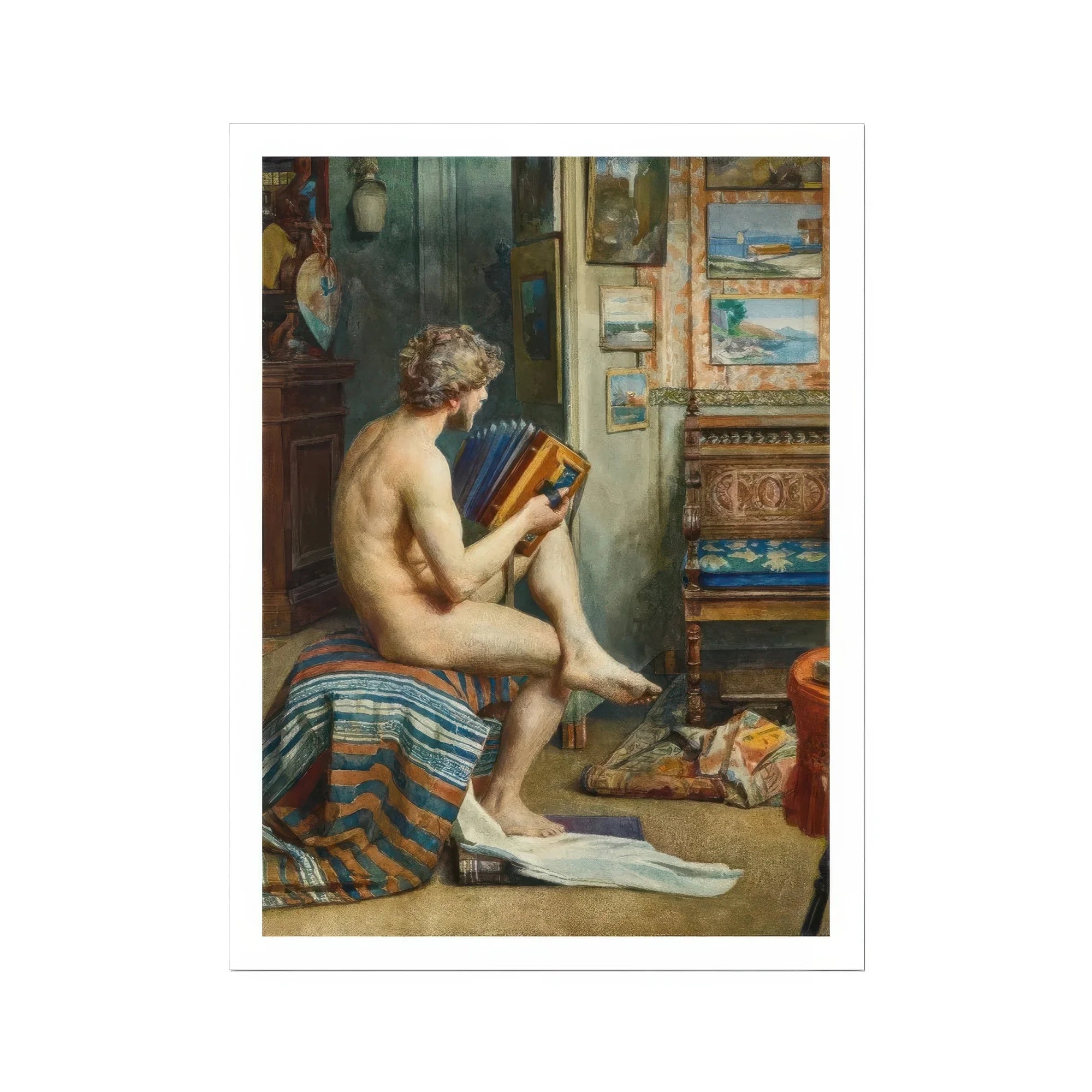 Male Nude with Accordion - Julien Renevier Art Print Posters Prints & Visual Artwork