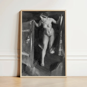 Nude Girl in Doorway - Anders Zorn Art Print / Canvas Black-and-white Framed Painting Woman Open Wooden Door, Paints, Hometown’s Bathing