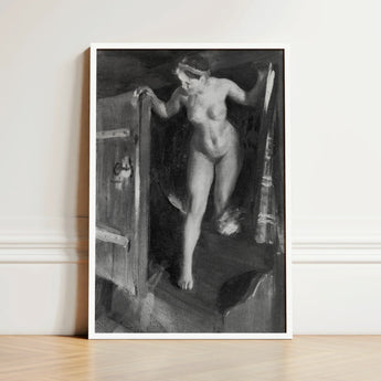 Nude Girl in Doorway - Anders Zorn Art Print / Canvas Black-and-white Framed Painting Woman Open Wooden Door, Paints, Hometown’s Bathing