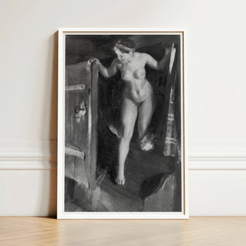 Nude Girl in Doorway - Anders Zorn Art Print / Canvas Framed Black-and-white Painting Woman Open Wooden Door, Paints, Hometown’s Bathing