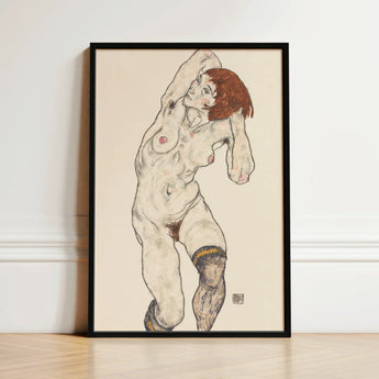 Nude in Black Stockings - Egon Schiele Art Print / Canvas Black-framed Stylized Figure Reddish-brown Hair Schiele’s, Prints