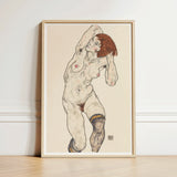 Nude in Black Stockings - Egon Schiele Art Print / Canvas Framed Artwork Figure Reddish-brown Hair Rendered Sketchy Schiele’s, Prints