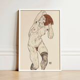 Nude in Black Stockings - Egon Schiele Art Print / Canvas Framed Artwork Figure Reddish-brown Hair Rendered Sketchy Schiele’s, Prints