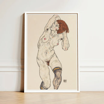 Nude in Black Stockings - Egon Schiele Art Print / Canvas Framed Artwork Figure Reddish Hair Rendered Sketchy Schiele’s, Prints