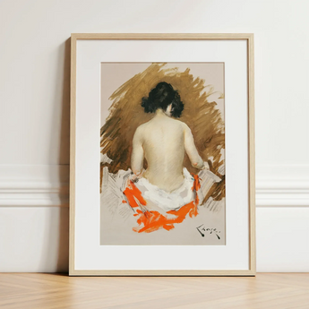 Nude Japanese Woman - William Merritt Chase Art Print / Canvas Framed Watercolor Painting Woman Profile Bold Orange Brown William Merritt